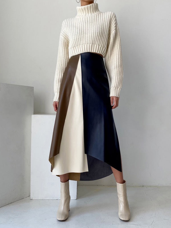 xakxx A-Line High Waisted Asymmetric Contrast Color Split-Front Skirts Bottoms