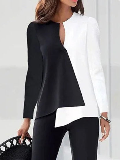 xakxx Long Sleeves Loose Contrast Color Split-Joint Round-Neck T-Shirts Tops