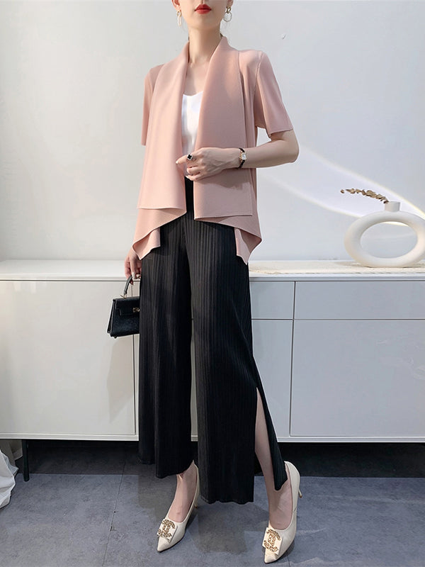 xakxx Loose Short Sleeves Pleated Solid Color Collarless Outerwear