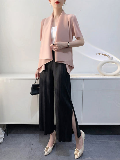 xakxx Loose Short Sleeves Pleated Solid Color Collarless Outerwear