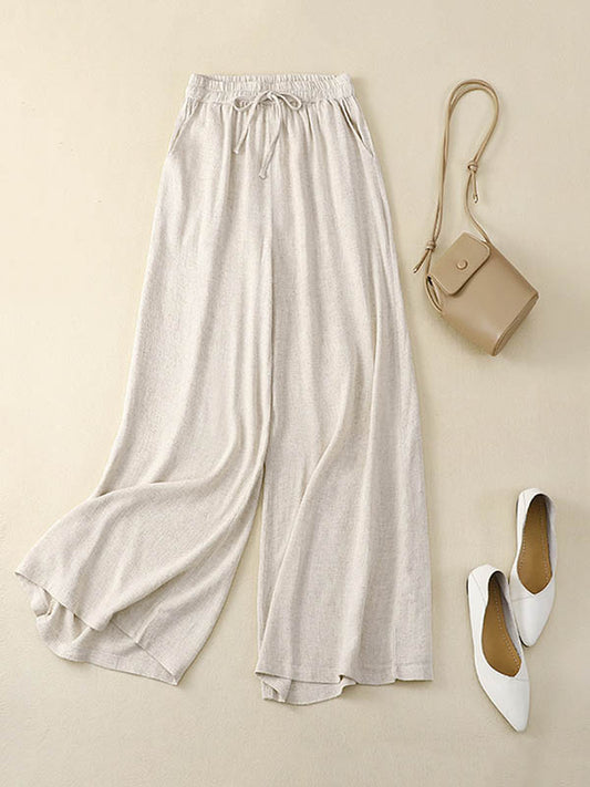 xakxx Loose Wide Leg Drawstring Solid Color Casual Pants Bottoms Trousers