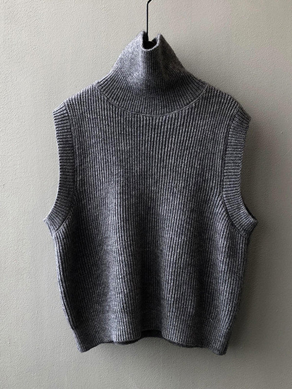 xakxx Casual Loose Sleeveless Solid Color High-Neck Sweater Vest Outerwear