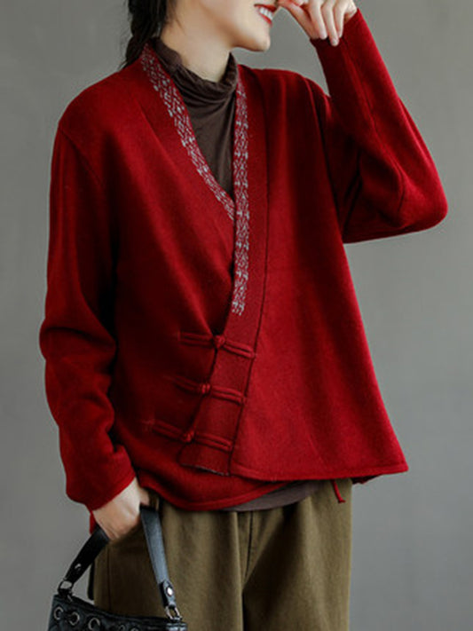 xakxx Vintage Solid Color Embroidered Wool Blend Cardigan Top
