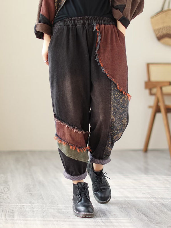 xakxx Contrast Color Fringed Split-Joint Long Sleeves Printed Outwear + Harem Pants  Two Pieces Set
