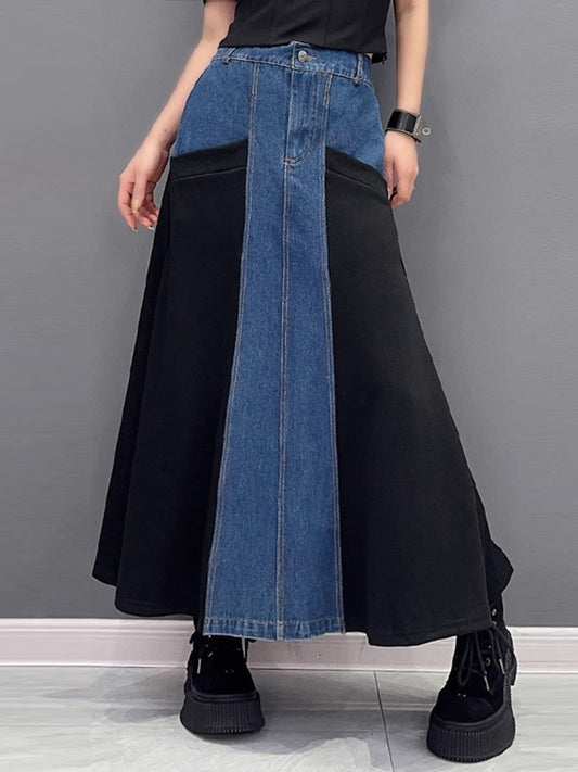xakxx A-Line Loose Buttoned Contrast Color Split-Joint Denim Skirts Bottoms
