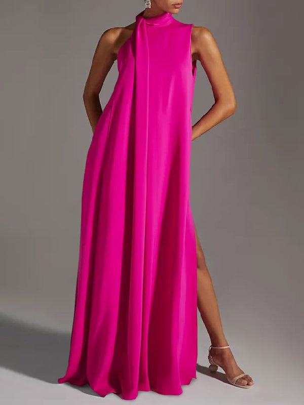 xakxx Sleeveless Solid Color Split-Side Round-Neck Maxi Dresses