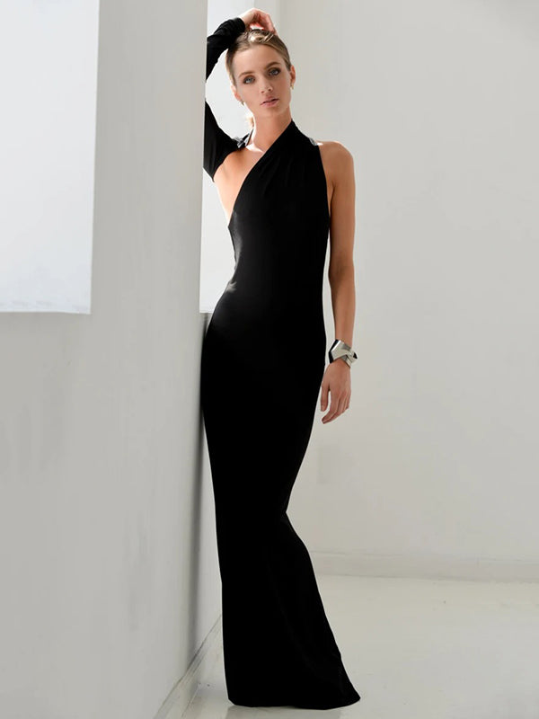 xakxx Stylish Skinny Asymmetric Hollow Backless One-Shoulder Maxi Dress