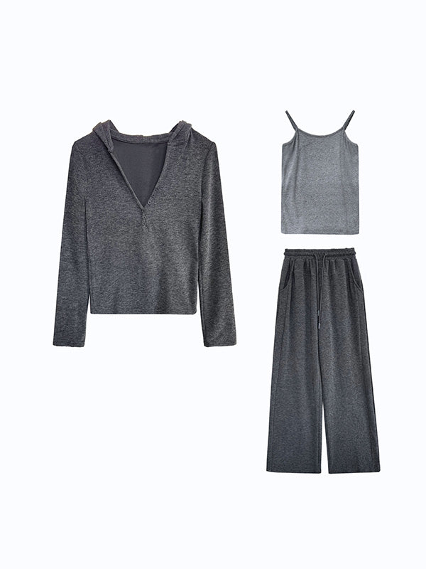 xakxx Long Sleeves Buttoned Hooded  T-Shirts Top + Vest Top + Wide Leg Drawstring Elasticity Pants Bottom Three Pieces Set