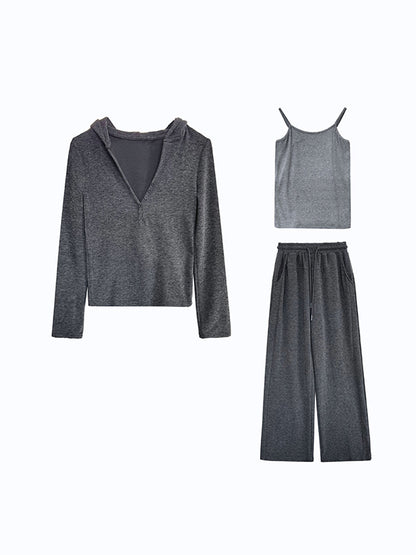 xakxx Long Sleeves Buttoned Hooded  T-Shirts Top + Vest Top + Wide Leg Drawstring Elasticity Pants Bottom Three Pieces Set