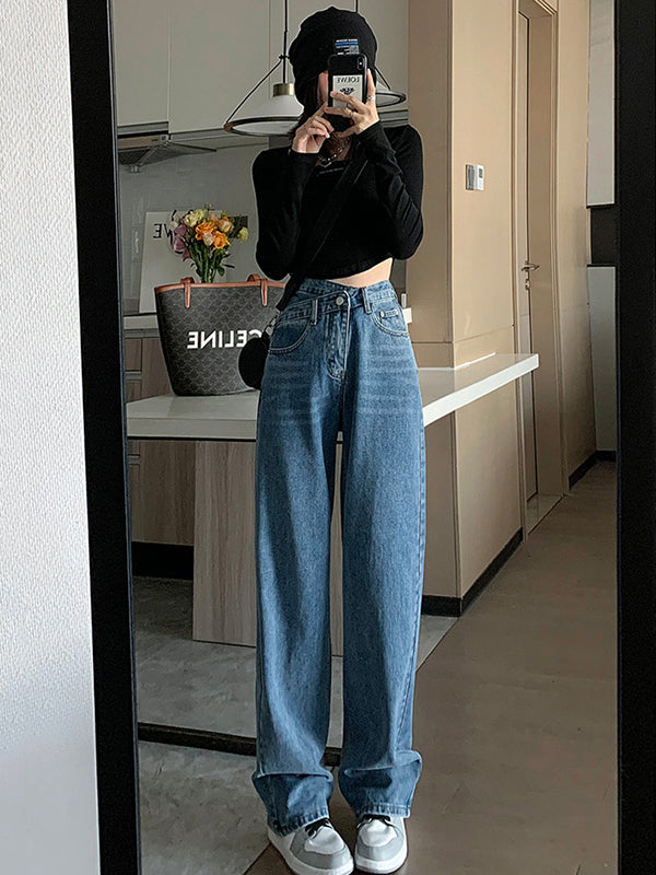 xakxx Casual High Waisted Denim Wide Leg Jean Pants