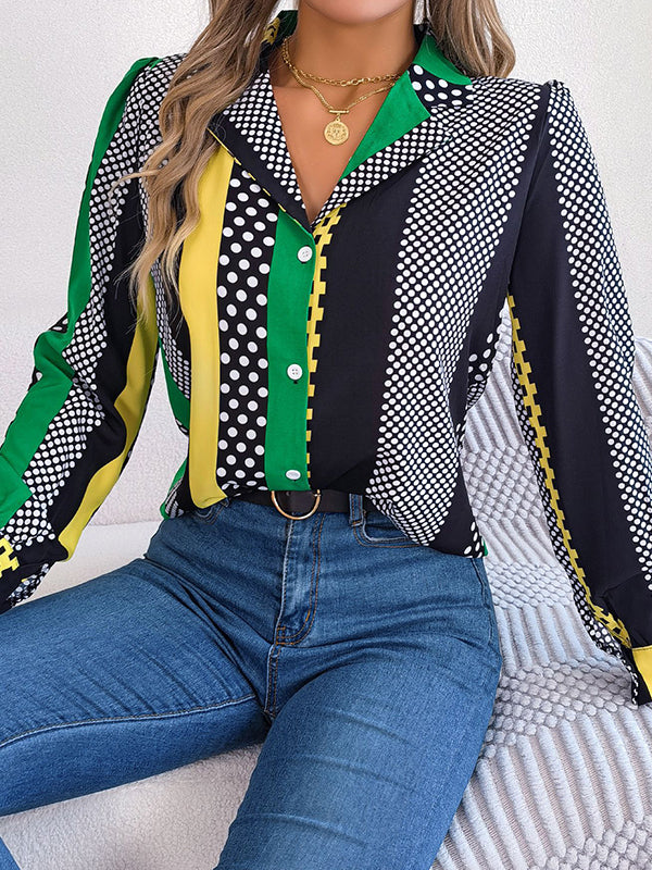 xakxx Long Sleeves Buttoned Contrast Color Polka-Dot Notched Collar Blouses&Shirts Tops