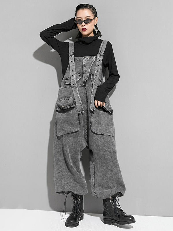 xakxx Loose Sleeveless Pockets Split-Joint Jean Pants Bottoms Overalls