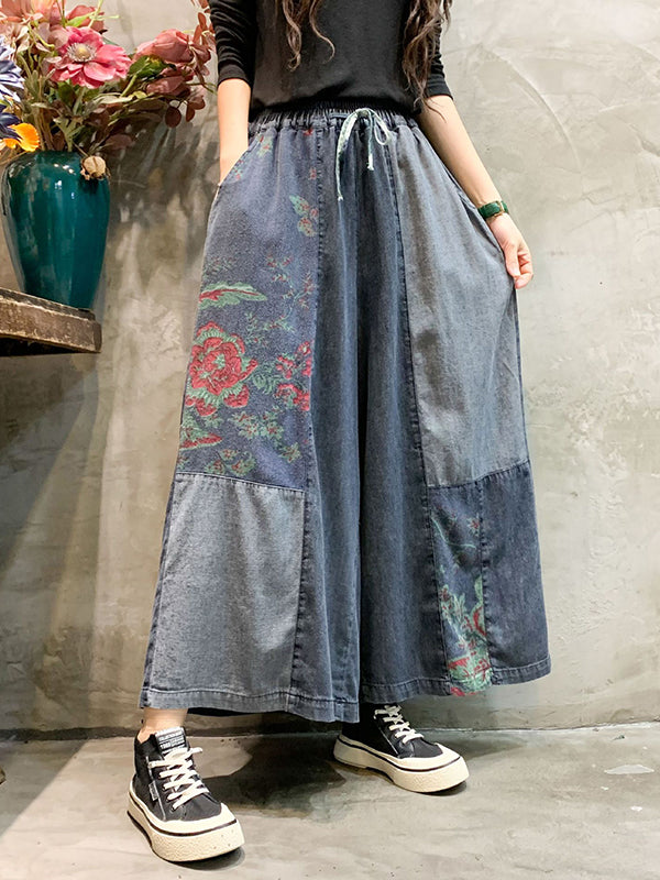 xakxx Casual Wide Leg Loose Color-Block Bandage Embroidered Jean Pants Bottoms
