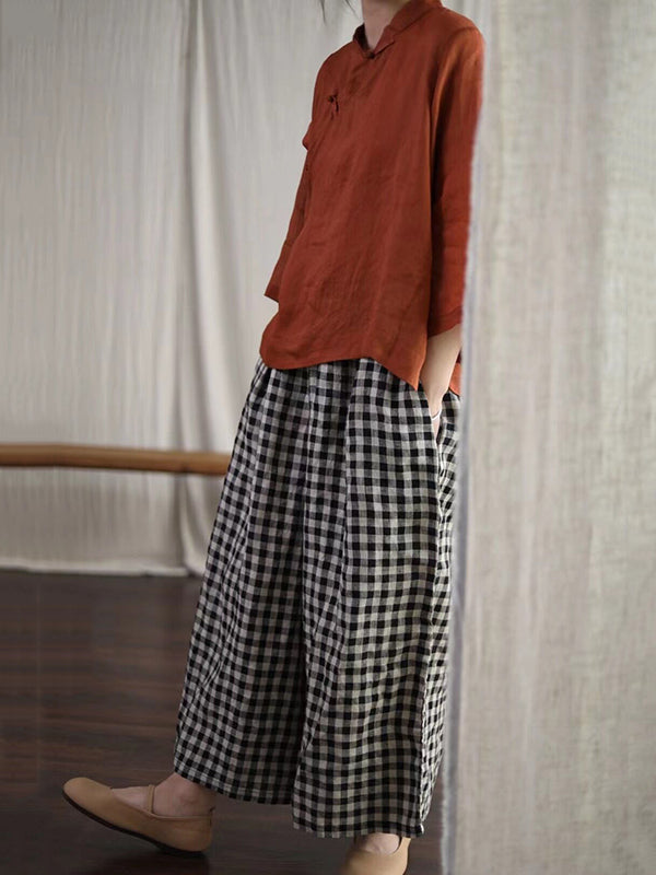 xakxx Artistic Retro Linen Loose Wide Legs Plaid Drawstring Pants