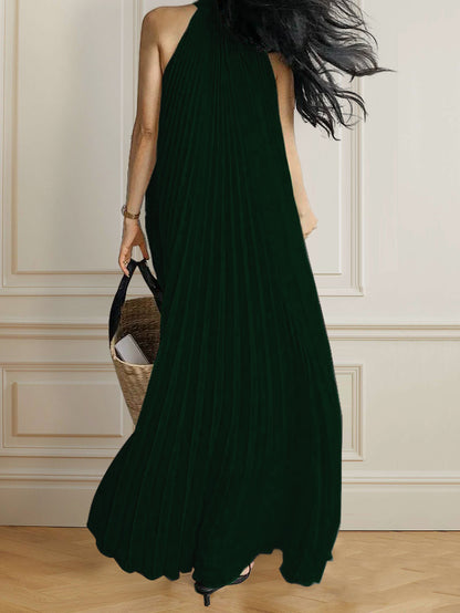 xakxx A-Line Sleeveless Pleated Solid Color Halter-Neck Maxi Dresses
