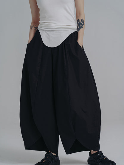 xakxx Simple Loose Elasticity Waist Wide Leg Solid Color Pants
