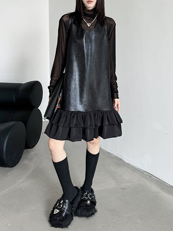 xakxx A-Line Loose Pleated Split-Joint U-Neck Mini Dresses
