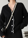 xakxx Casual Loose Long Sleeves Buttoned Contrast Color V-Neck Cardigan Tops