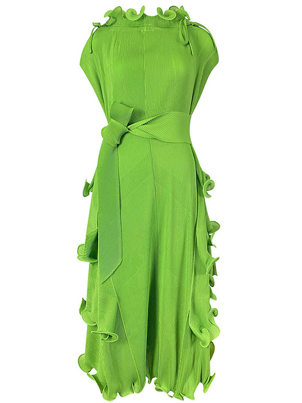 xakxx Loose Bandage Lacy Solid Color High-Neck Midi Dresses