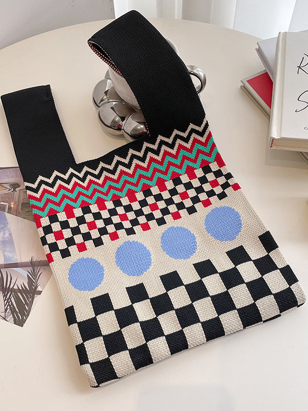 xakxx Checkerboard Striped Bags Woven Handbag