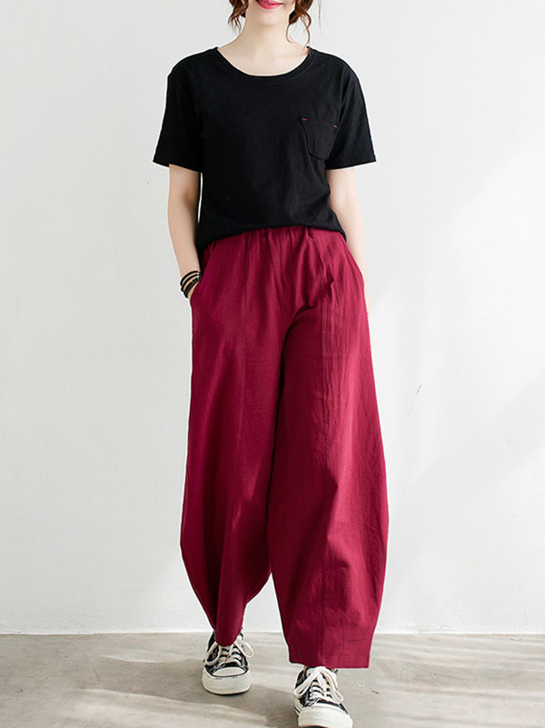 xakxx Wide Leg Loose Elasticity Solid Color Casual Pants Bottoms