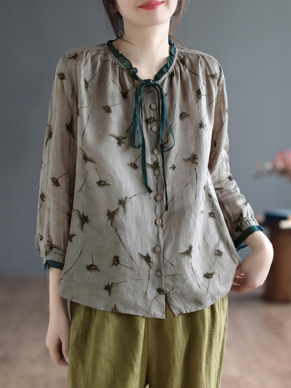 xakxx Long Sleeves Loose Floral Printed Lace-Up Round-Neck Blouses&Shirts Tops
