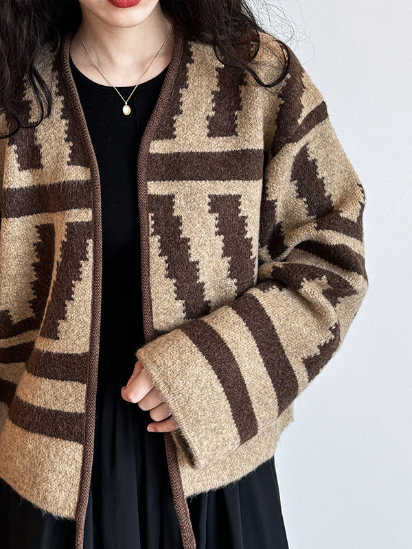 xakxx Long Sleeves Loose Contrast Color Printed Collarless Cardigan Tops
