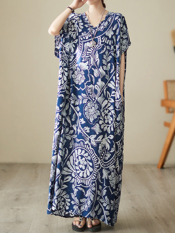 xakxx Loose Short Sleeves Printed V-Neck Maxi Dresses