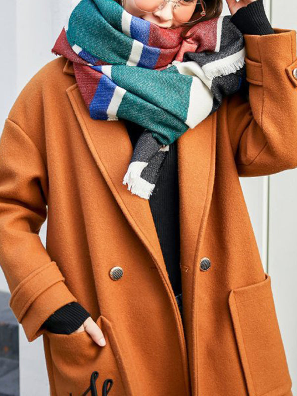 xakxx Contrast Color Fringed Keep Warm Multi-Colored Striped Shawl&Scarf