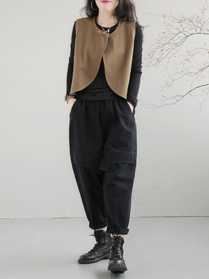 xakxx Artistic Retro Loose Sleeveless Solid Color Round-Neck Vest Outerwear