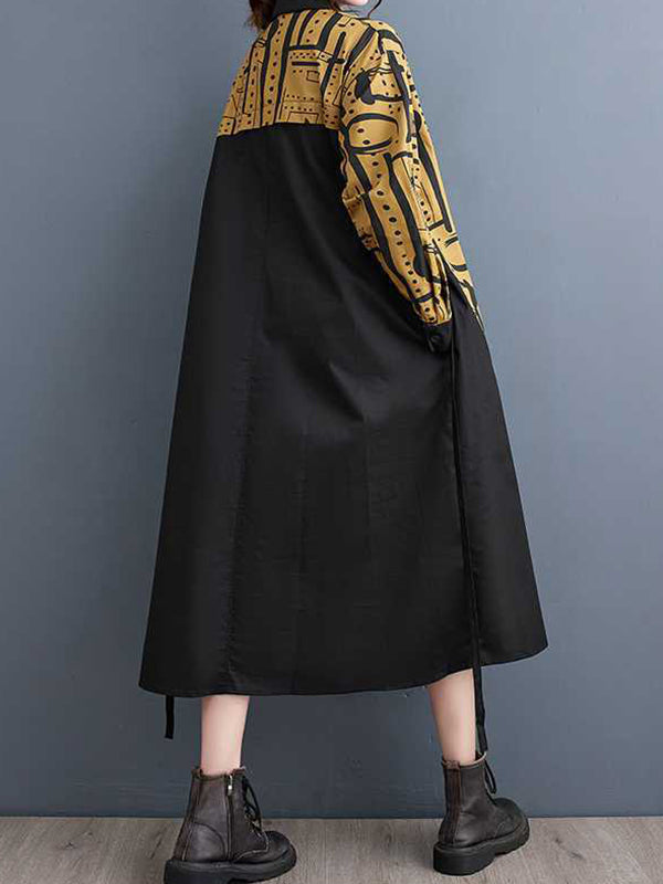 xakxx A-Line Long Sleeves Asymmetric Contrast Color Printed Warp Knitting Lapel Midi Dresses Shirt Dress
