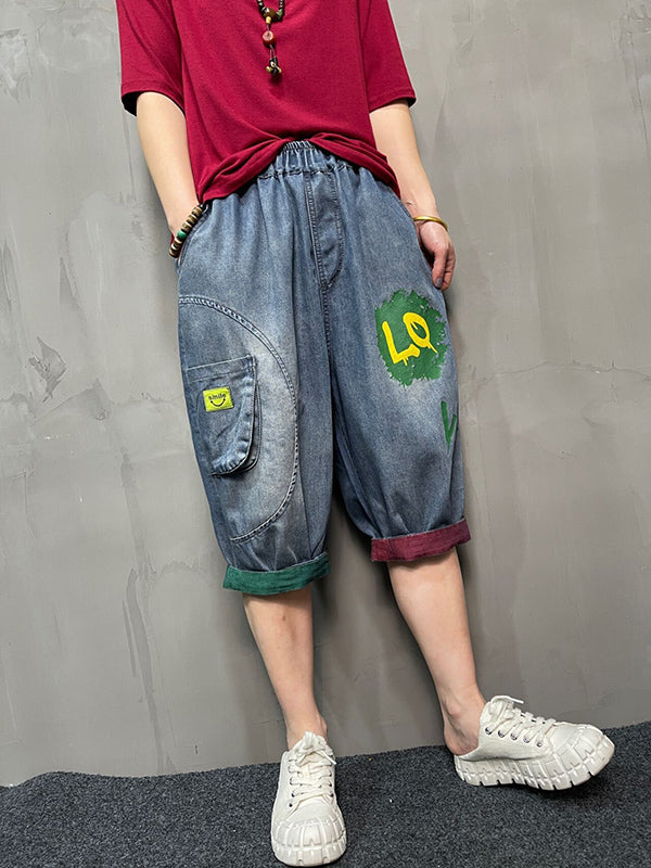 xakxx Harem Pants Loose Elasticity Printed Split-Joint Jean Pants Bottoms