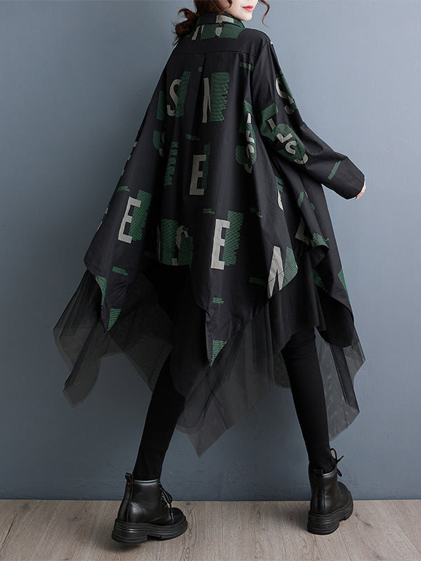 xakxx A-Line Long Sleeves Buttoned Letter Print Mesh Split-Joint Lapel Midi Dresses Shirt Dress