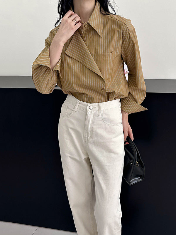 xakxx Long Sleeves Loose Asymmetric Split-Joint Striped Lapel Blouses