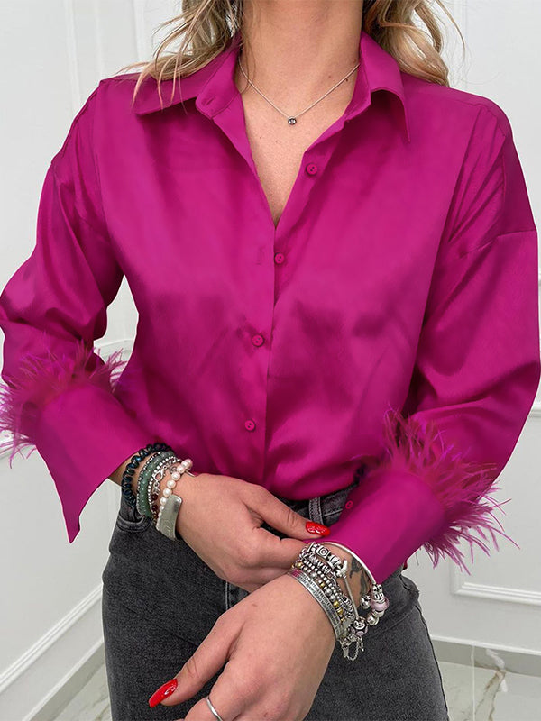 xakxx Loose Wrap Feathers Solid Color Split-Joint Lapel Collar Blouses&Shirts Tops