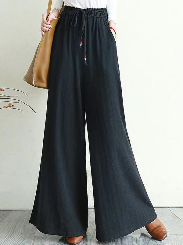 xakxx Artistic Ramie Cotton Drawstring Elasticity Loose Wide-Leg Pants