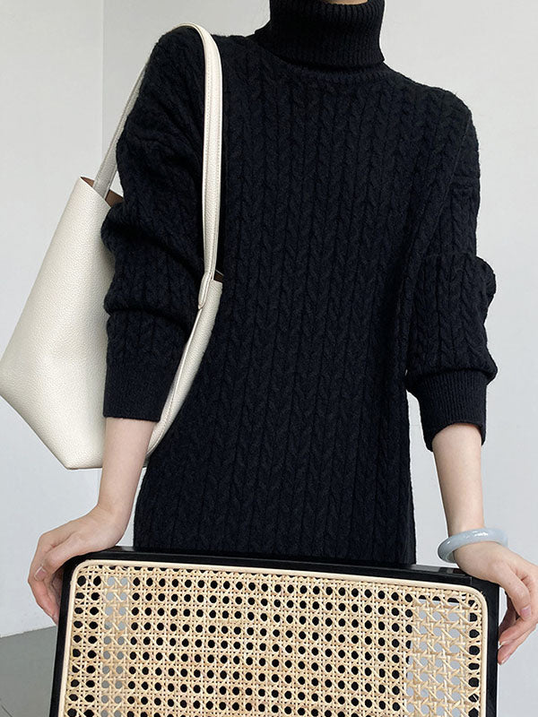 xakxx Stylish Loose Long Sleeves Solid Color High-Neck Twist Sweater Dresses