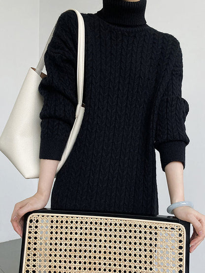 xakxx Stylish Loose Long Sleeves Solid Color High-Neck Twist Sweater Dresses