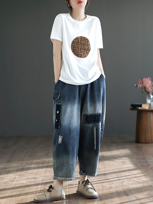xakxx Vintage Hollow Elasticity Applique Ninth Jean Harem Pants Bottoms