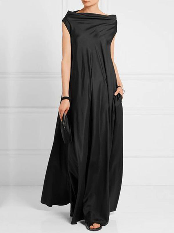 xakxx Loose Pleated Solid Color Boat Neck Maxi Dresses