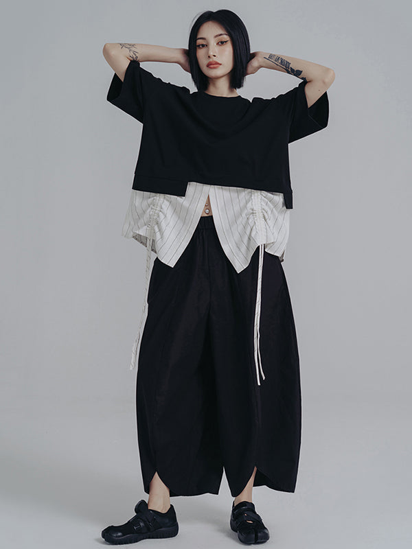 xakxx Simple Loose Elasticity Waist Wide Leg Solid Color Pants