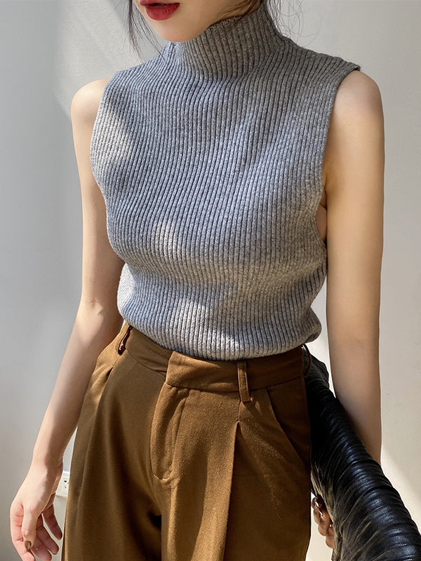 xakxx Skinny Sleeveless Solid Color High-Neck Knitwear Vest Top