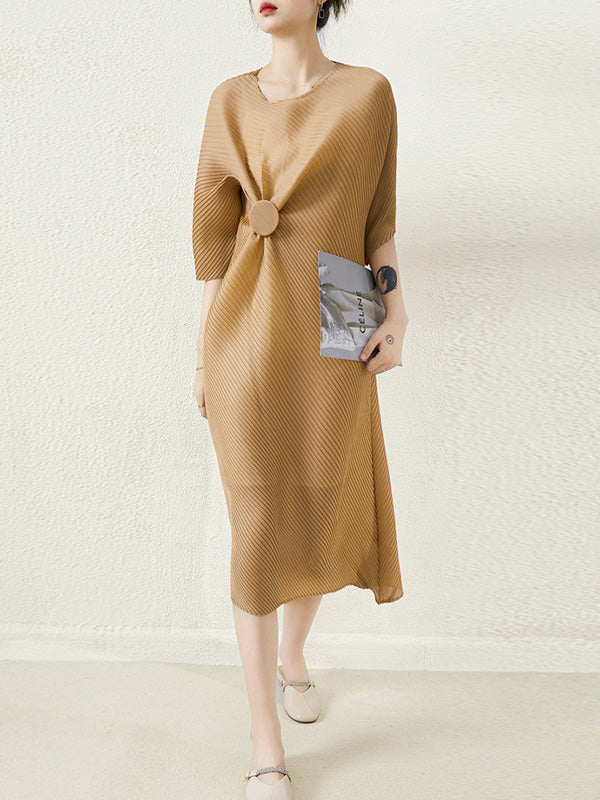 xakxx Stylish Irregularity Loose Pleated Solid Color Round-Neck Midi Dresses