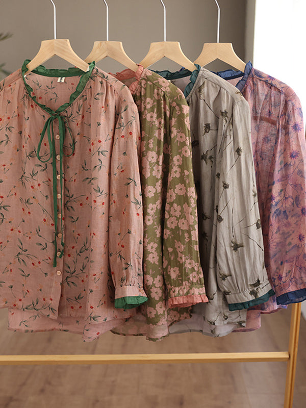 xakxx Long Sleeves Loose Floral Printed Lace-Up Round-Neck Blouses&Shirts Tops