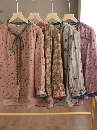 xakxx Long Sleeves Loose Floral Printed Lace-Up Round-Neck Blouses&Shirts Tops
