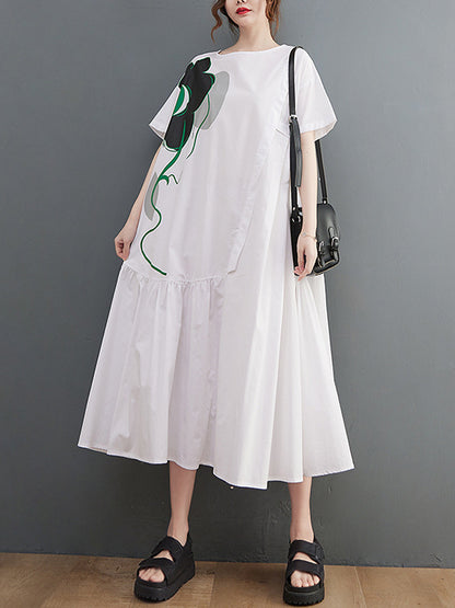 xakxx Loose Floral Printed Pleated Split-Joint Midi Dress