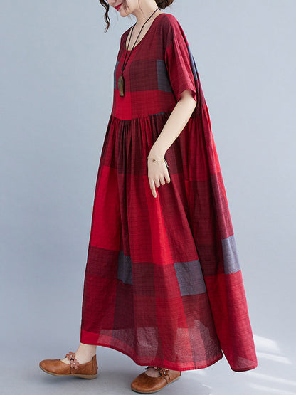 xakxx Artistic Retro Loose Color-Block Pleated Round-Neck Half Sleeves Midi Dress