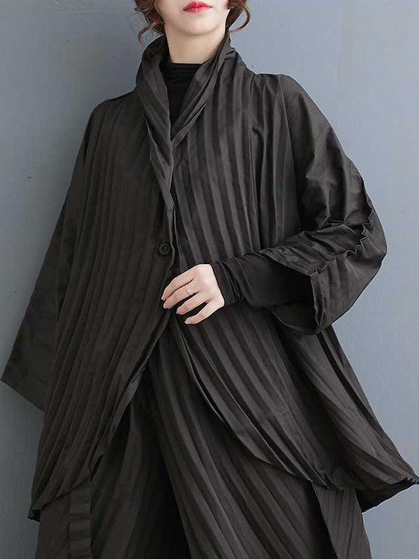xakxx Long Sleeves Loose Buttoned Pleated Solid Color Stand Collar Shirts Top + Pants Bottom Two Pieces Set