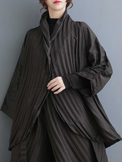 xakxx Long Sleeves Loose Buttoned Pleated Solid Color Stand Collar Shirts Top + Pants Bottom Two Pieces Set