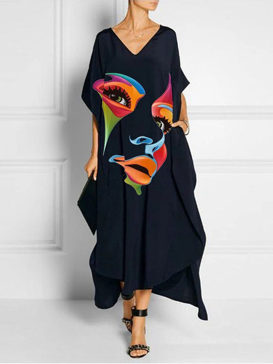 xakxx Half Sleeves Loose Contrast Color Face Printed V-Neck Maxi Dresses